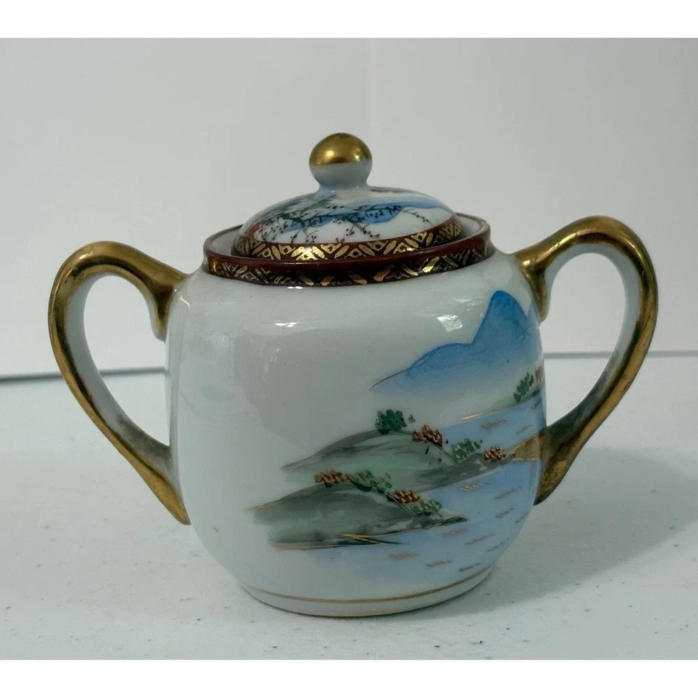 Vintage Japanese Hand Painted Porcelain Creamer and Sugar Bowl Set Waterfall